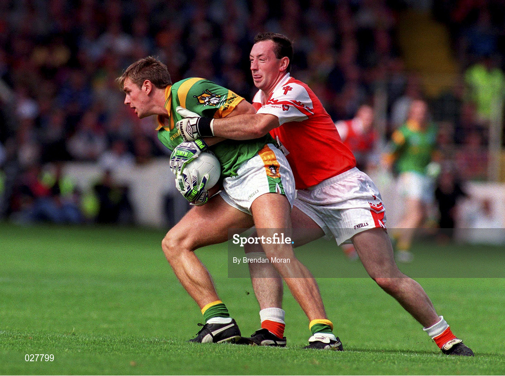 29 August 1999; Darren Fay of Meath in action against John Donaldson of Armagh during the Bank of Ireland All-Ireland Senior Football Championship Semi-Final match between Meath and Armagh at Croke Park in Dublin. Photo by Brendan Moran/Sportsfile