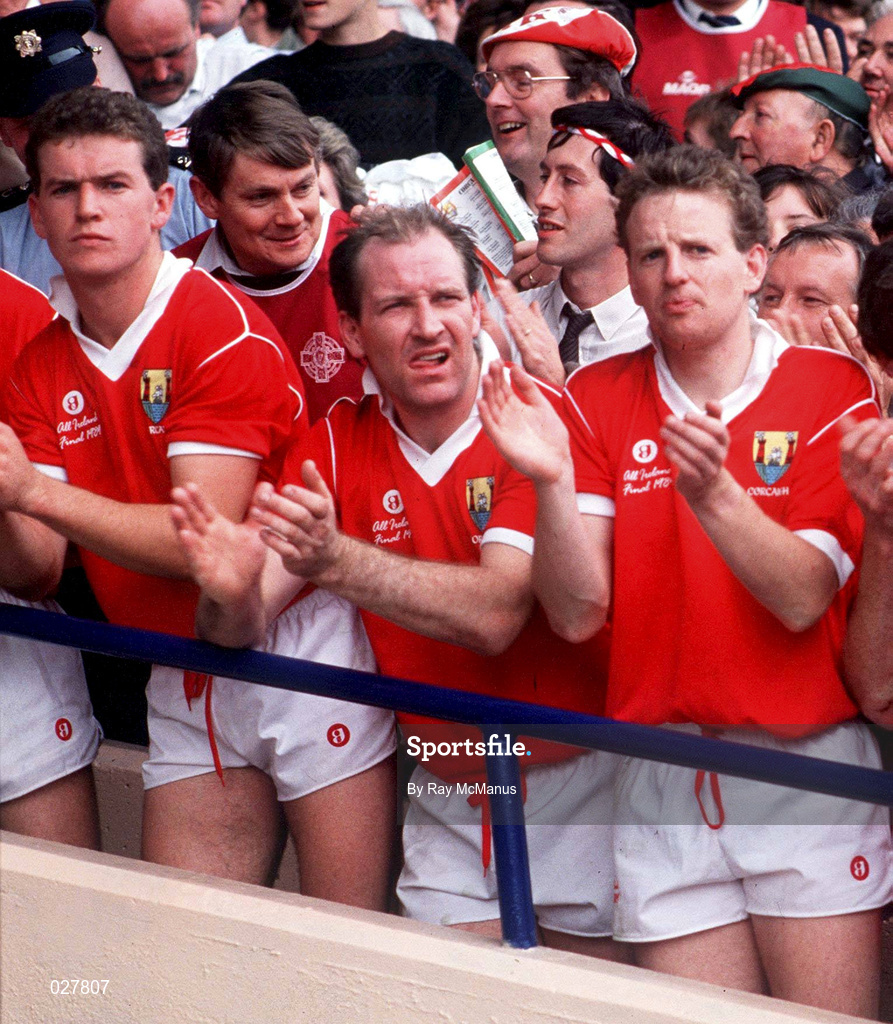 16 September 1990; Cork players Paul McGrath, Dave Barry and John Cleary celebrate their victory following the All-Ireland Senior Football Championship Final between Cork and Meath at Croke Park in Dublin. Photo by Ray McManus/Sportsfile