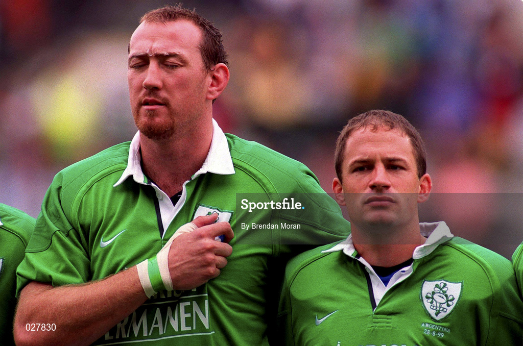 28 August 1999; Trevor Brennan, left, and David Humphreys of Ireland during the Rugby World Cup Warm-up match between Ireland and Argentina at Lansdowne Road in Dublin. Photo by Brendan Moran/Sportsfile