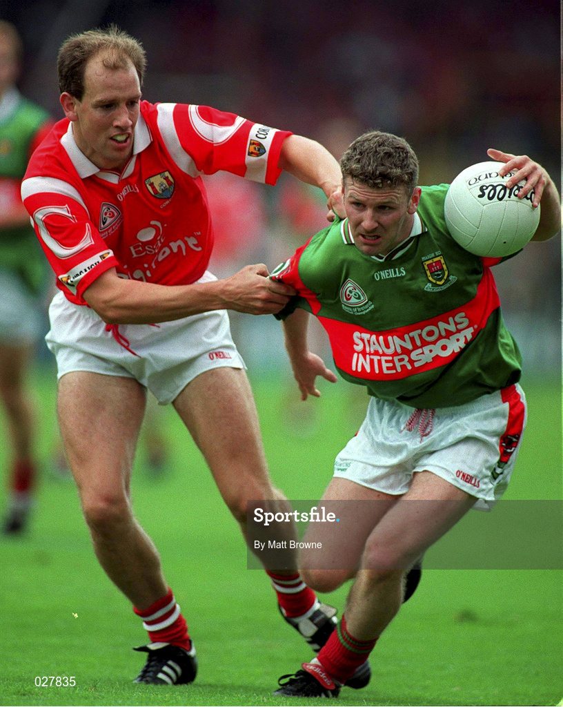 22 August 1999; David Nestor of Mayo is tackled Ronan McCarthy of Cork during the Bank of Ireland All-Ireland Senior Football Championship Semi-Final match between Cork and Mayo at Croke Park in Dublin. Photo by Matt Browne/Sportsfile