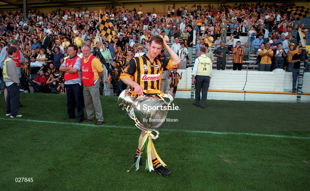 11 July 1999; Kilkenny captain Denis Byrne with the Bob O'Keeffe Cup following the Guinness Leinster Senior Hurling Championship Final between Kilkenny and Offaly at Croke Park in Dublin. Photo by Brendan Moran/Sportsfile