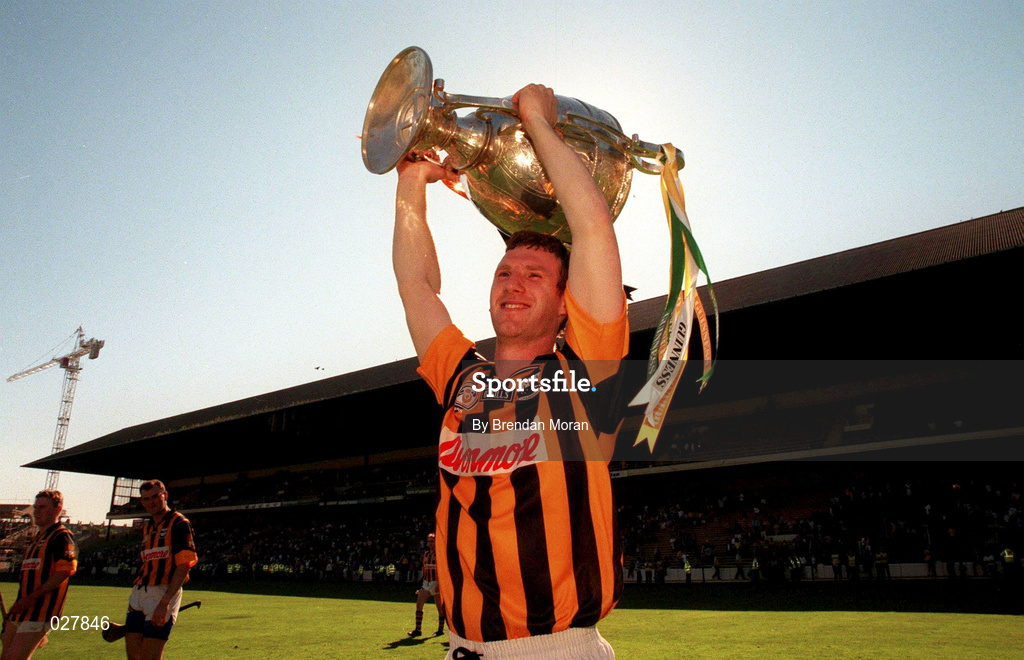 11 July 1999; Kilkenny captain Denis Byrne with the Bob O'Keeffe Cup following the Guinness Leinster Senior Hurling Championship Final between Kilkenny and Offaly at Croke Park in Dublin. Photo by Brendan Moran/Sportsfile