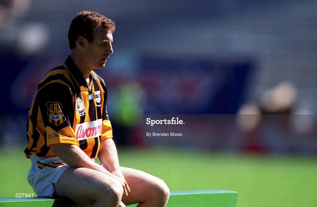 11 July 1999; Kilkenny captain Denis Byrne awaits his team-mates for their team photograph prior to the Guinness Leinster Senior Hurling Championship Final between Kilkenny and Offaly at Croke Park in Dublin. Photo by Brendan Moran/Sportsfile