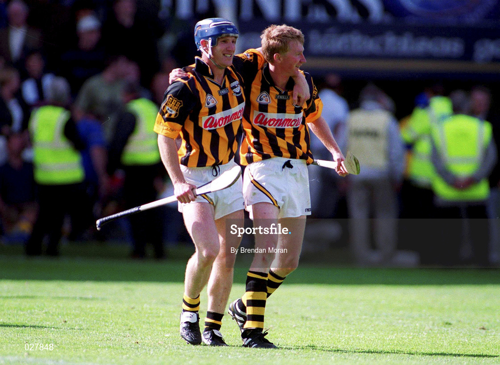 15 August 1999; Kilkenny captain Denis Byrne, left, and team-mate John Power celebrate following the Guinness All-Ireland Senior Hurling Championship Semi-Final match between Kilkenny and Clare at Croke Park in Dublin. Photo by Brendan Moran/Sportsfile
