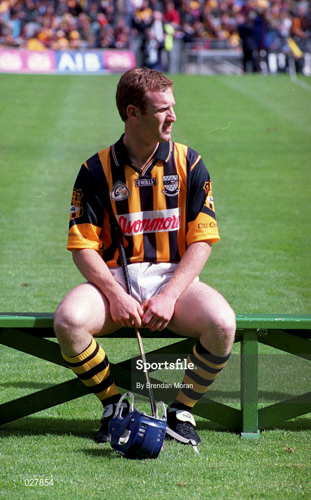 15 August 1999; Kilkenny captain Denis Byrne awaits his team-mates for their team photograph prior to the Guinness All-Ireland Senior Hurling Championship Semi-Final match between Kilkenny and Clare at Croke Park in Dublin. Photo by Brendan Moran/Sportsfile