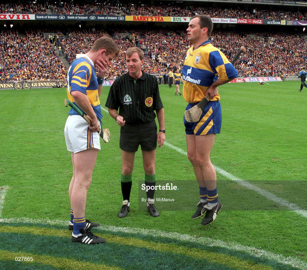 14 September 1997; Referee Dickie Murphy, centre, conducts the coin toss with Tipperary captain Conor Gleeson, left and Clare captain Anthony Daly prior to the Guinness All-Ireland Senior Hurling Championship Final between Clare and Tipperary at Croke Park in Dublin. Photo by Ray McManus/Sportsfile