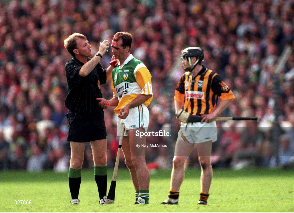 13 September 1998; Referee Dickie Murphy looks at the injury of Offaly's Johnny Dooley during the Guinness All-Ireland Senior Hurling Championship Final between Offaly and Kilkenny at Croke Park in Dublin. Photo by Ray McManus/Sportsfile