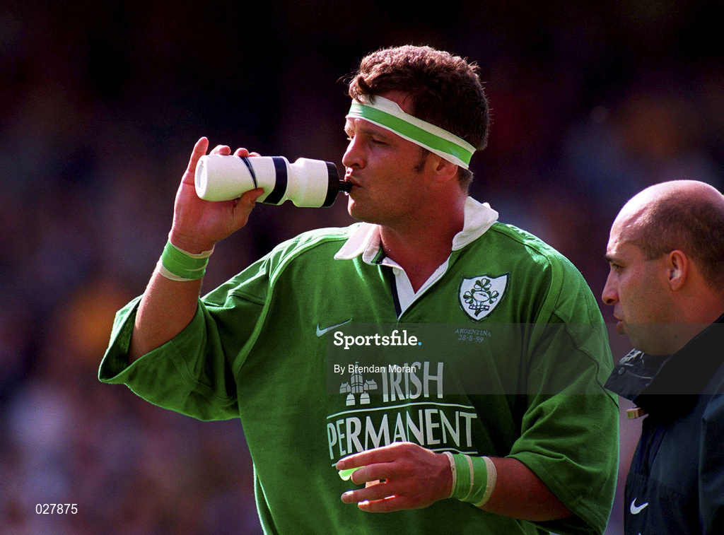 28 August 1999; Dion O'Cuinneagain of Ireland takes a drink during the Rugby World Cup Warm-up match between Ireland and Argentina at Lansdowne Road in Dublin. Photo by Brendan Moran/Sportsfile
