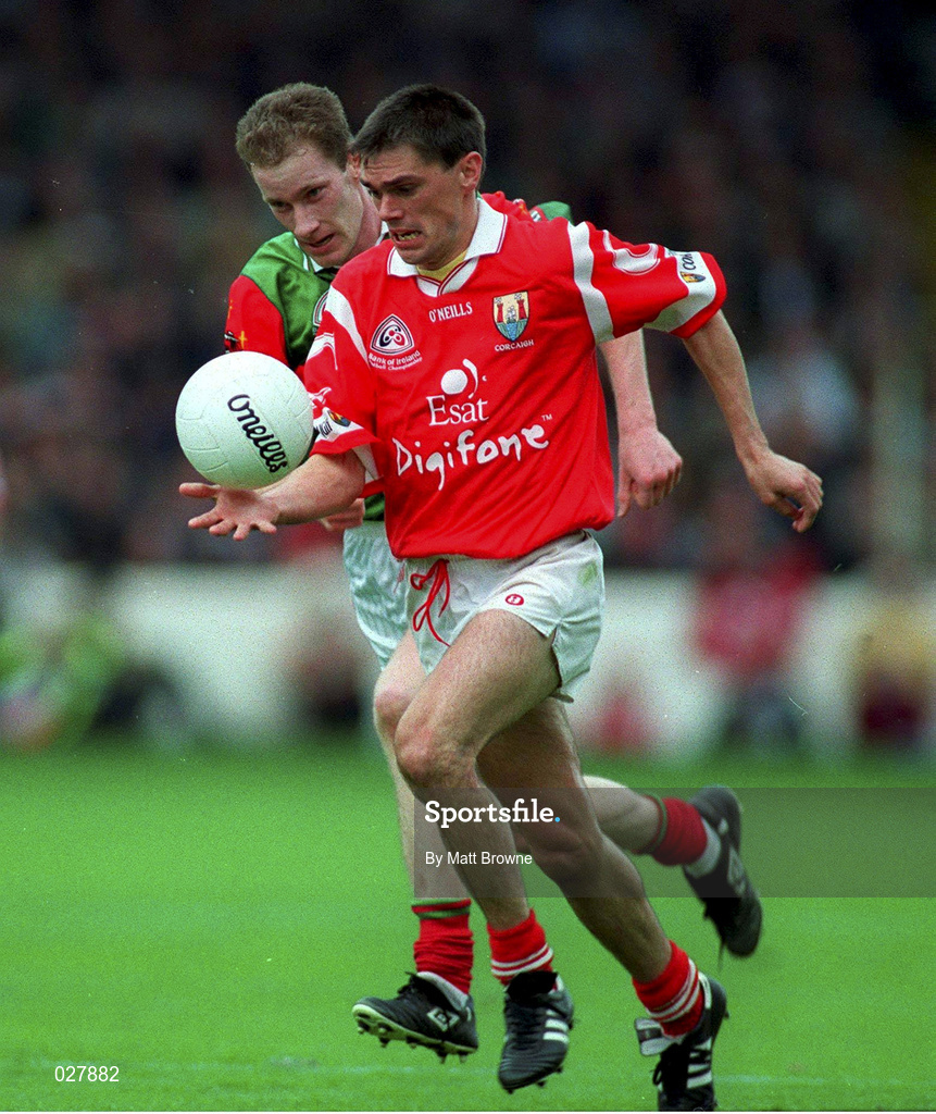 22 August 1999; Don Davis of Cork in action against James Nallen of Mayo during the Bank of Ireland All-Ireland Senior Football Championship Semi-Final match between Cork and Mayo at Croke Park in Dublin. Photo by Matt Browne/Sportsfile