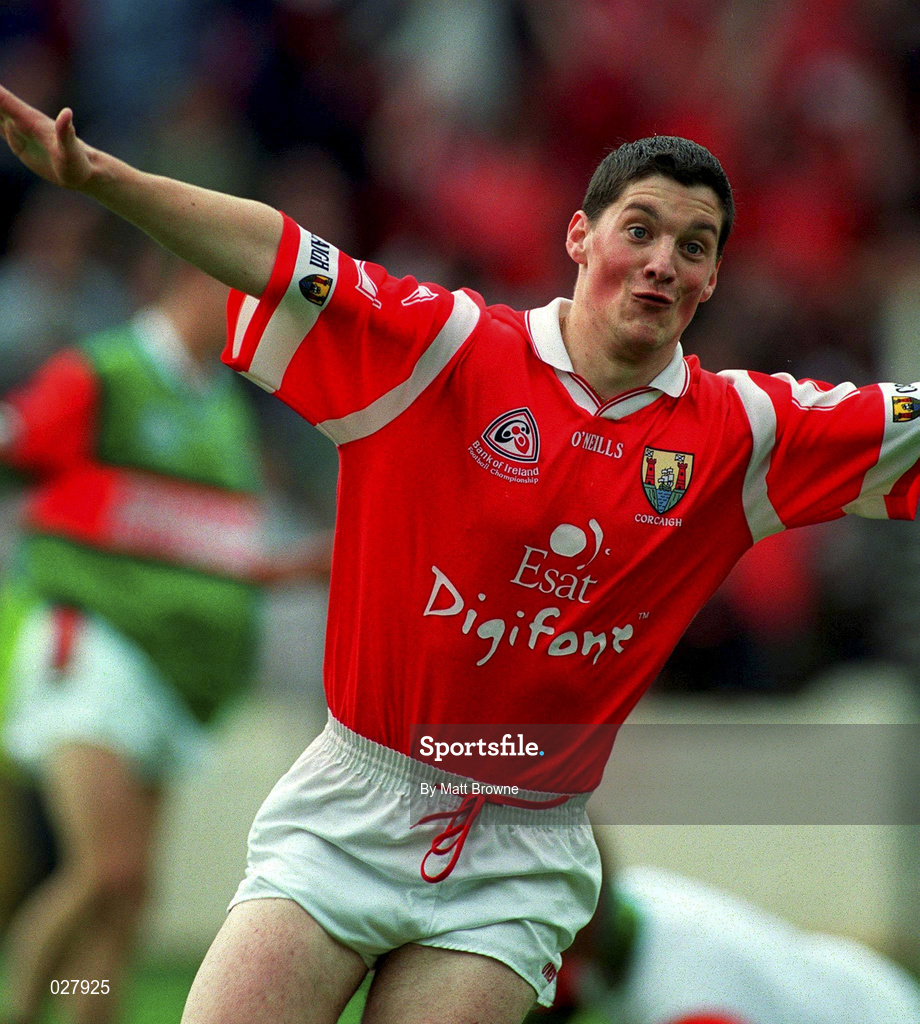 22 August 1999; Fionán Murray of Cork celebrates after scoring his side's his second goal during the Bank of Ireland All-Ireland Senior Football Championship Semi-Final match between Cork and Mayo at Croke Park in Dublin. Photo by Matt Browne/Sportsfile