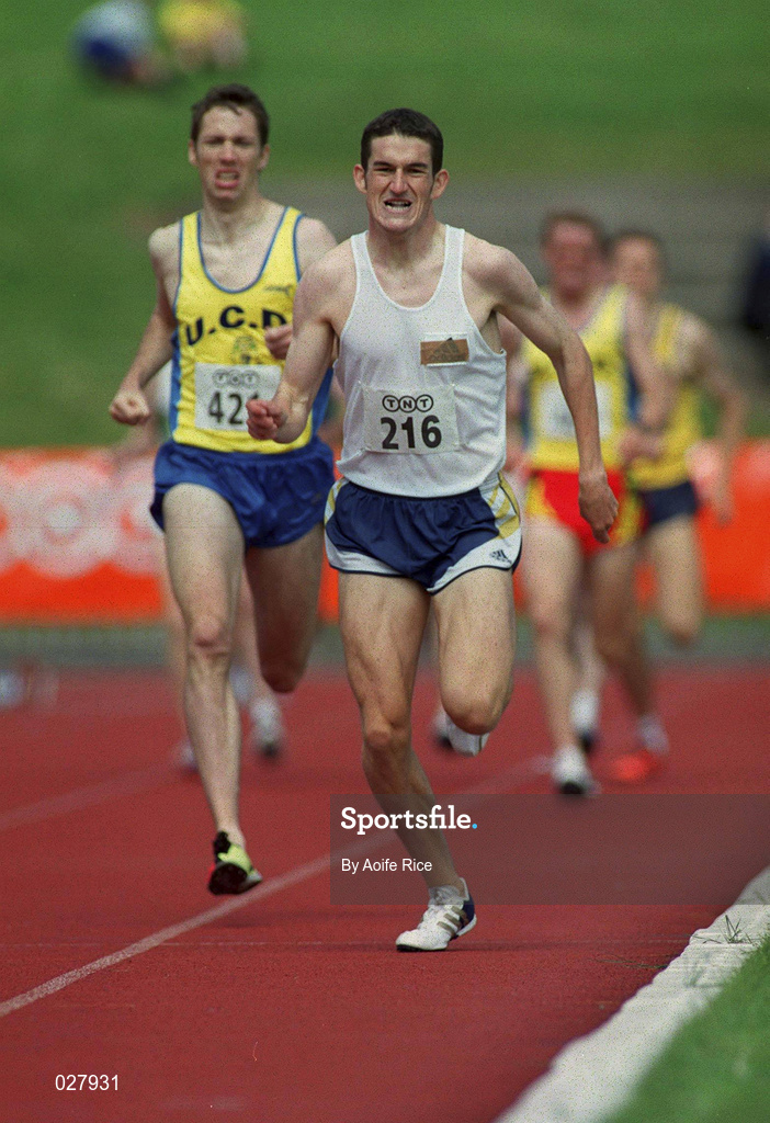 25 July 1999: Gareth Turnbull of St Malachy's AC on his way to winning the men's 800m event, from second place David Matthews of UCD AC during day two of the TNT Irish National Senior Track & Field Championships at Santry Stadium in Dublin. Photo by Aoife Rice/Sportsfile