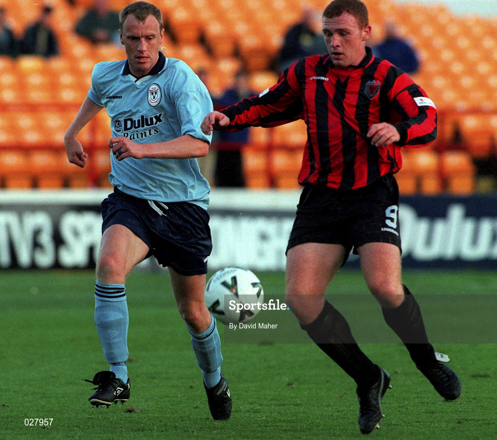 20 Aug 1999; Glen Crowe of Bohemians in action against Tony McCarthy of Shelbourne during the Eircom League Premier Division match between Bohemians and Shelbourne at Tolka Park in Dublin. Photo by David Maher/Sportsfile