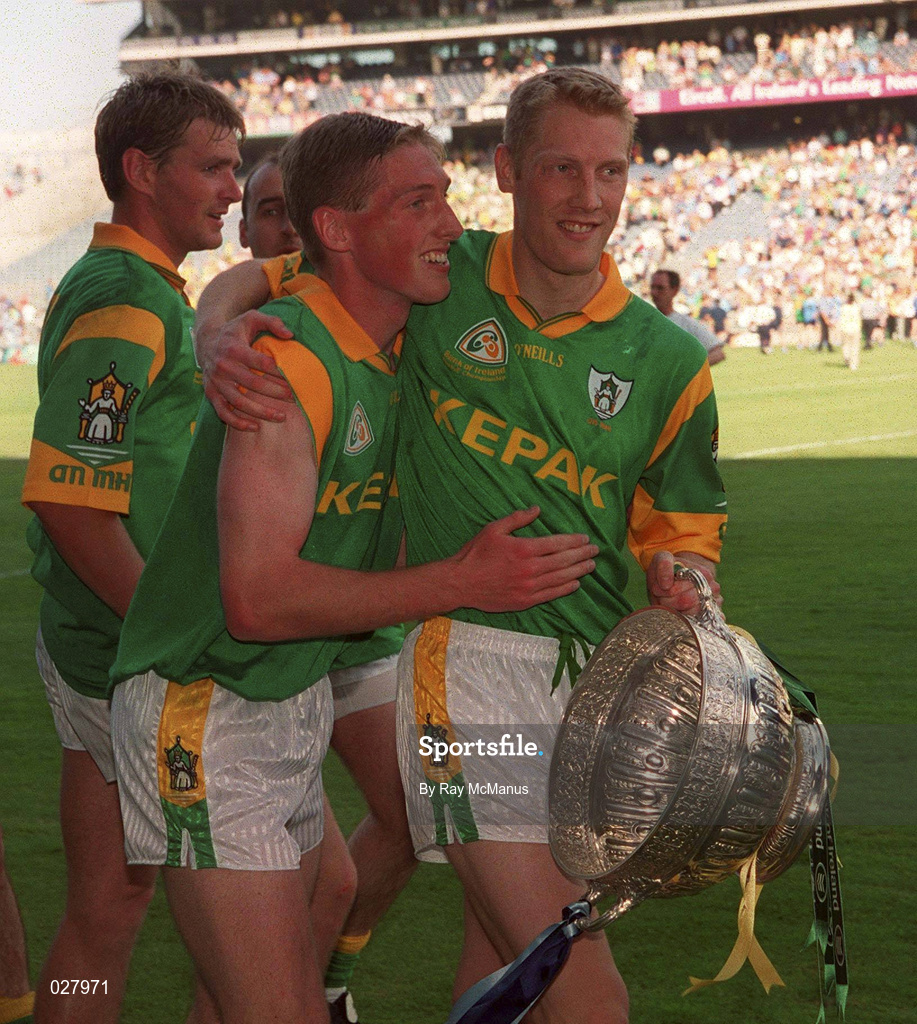 1 August 1999; Meath captain Graham Geraghty, right, and team-mate Trevor Giles celebrate following the Bank of Ireland Leinster Senior Football Championship Final between Meath and Dublin at Croke Park in Dublin. Photo by Ray McManus/Sportsfile