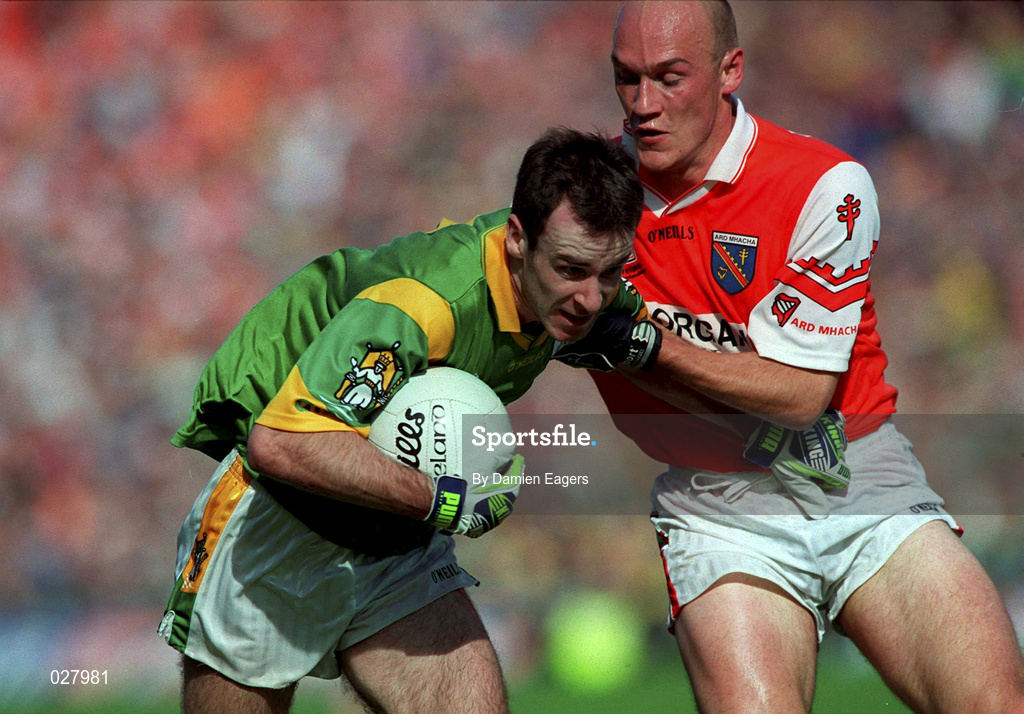 29 August 1999; Hank Traynor of Meath is tackled by Gerard Reid of Armagh during the Bank of Ireland All-Ireland Senior Football Championship Semi-Final match between Meath and Armagh at Croke Park in Dublin. Photo by Damien Eagers/Sportsfile
