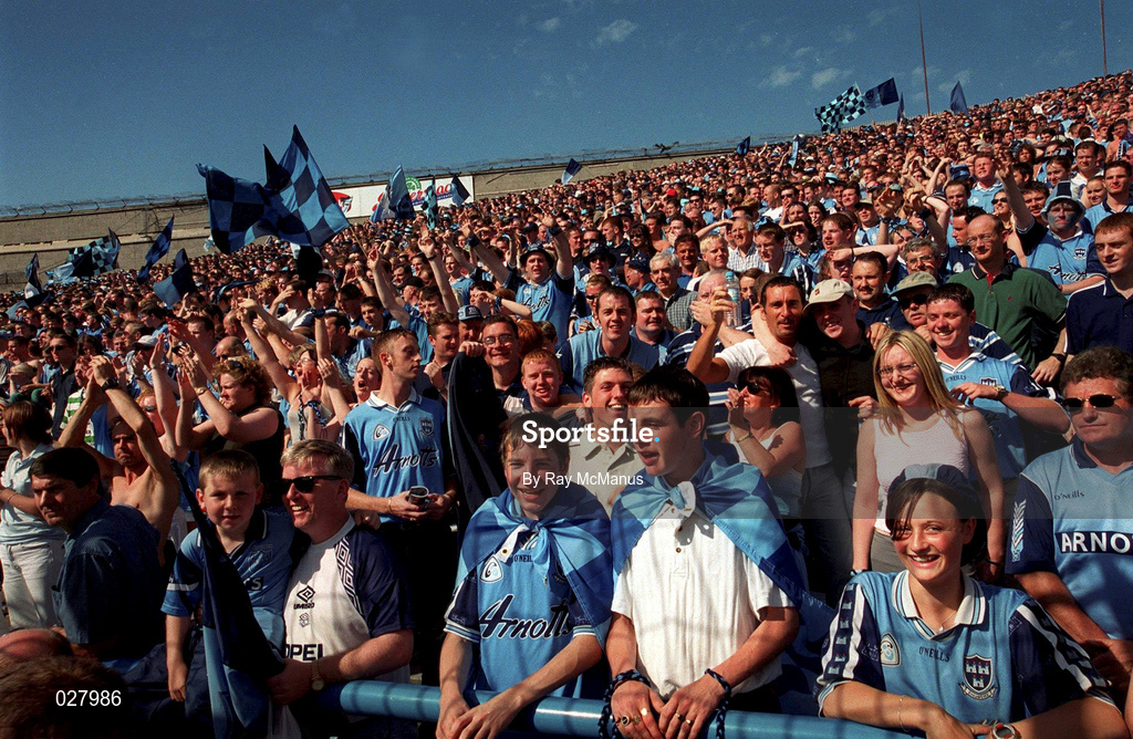 1 August 1999; Dublin supporters on Hill 16 during the Bank of Ireland Leinster Senior Football Championship Final between Meath and Dublin at Croke Park in Dublin. Photo by Ray McManus/Sportsfile