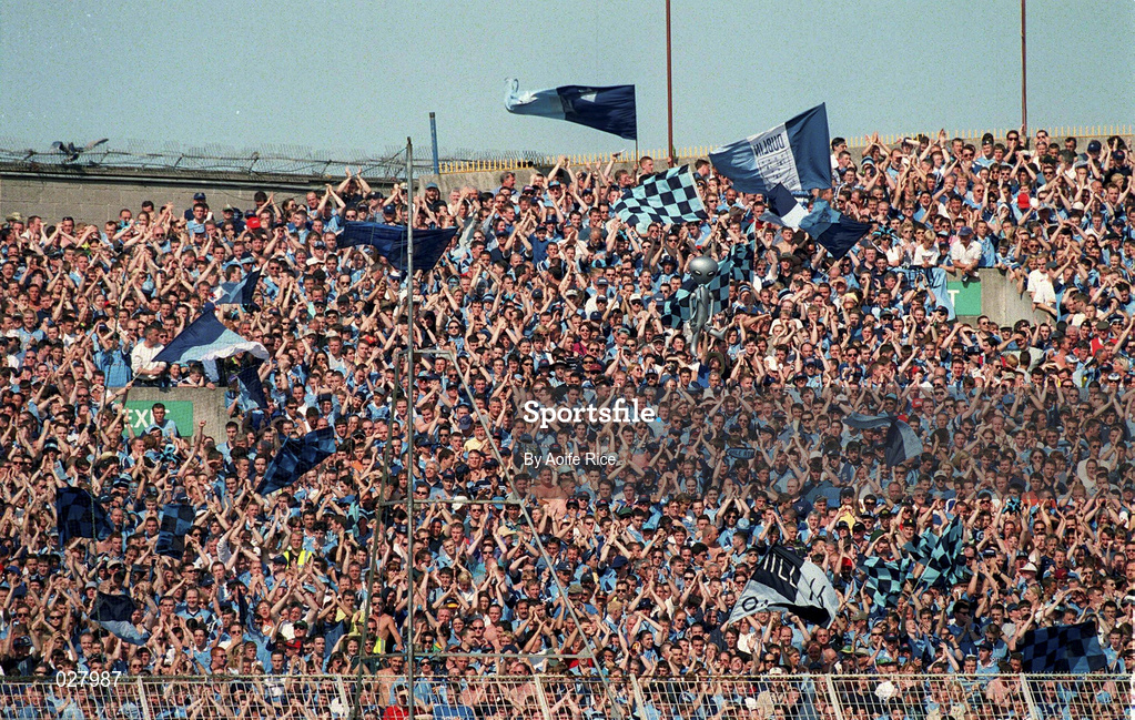 1 August 1999; Dublin fans on Hill 16 during the Bank of Ireland Leinster Senior Football Championship Final between Meath and Dublin at Croke Park in Dublin. Photo by Aoife Rice/Sportsfile