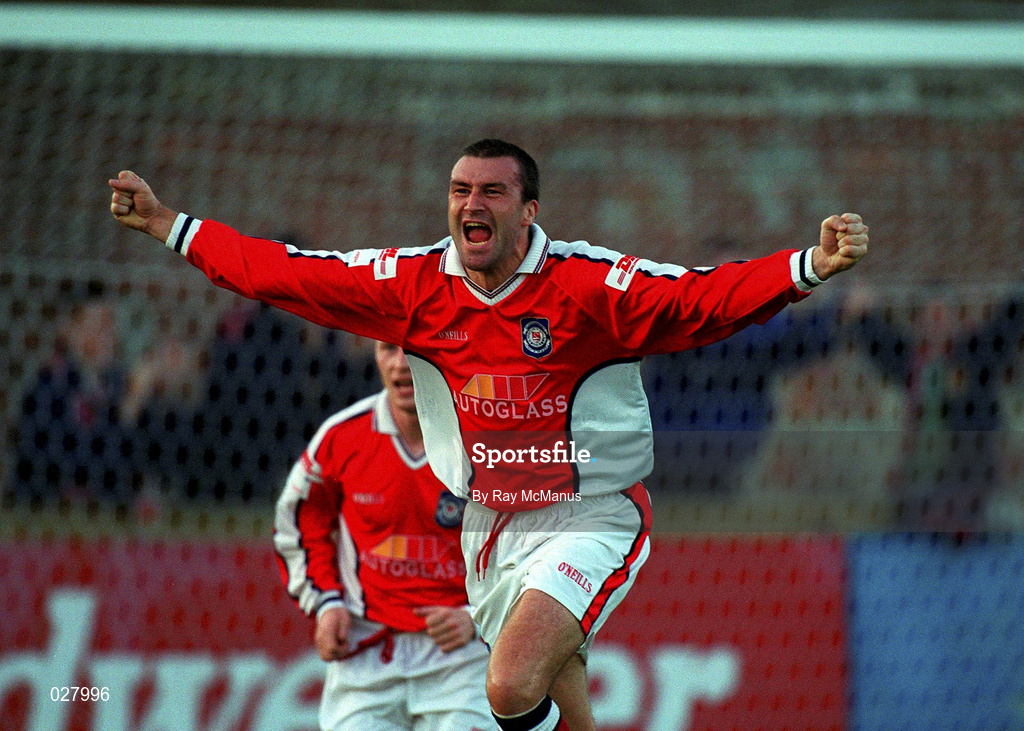 20 August 1999; Ian Gilzean of St Patrick's Athletic celebrates after scoring his side's first goal during the Eircom League Premier Division match between UCD and St Patrick's Athletic at Belfield Park in Dublin. Photo by Ray McManus/Sportsfile