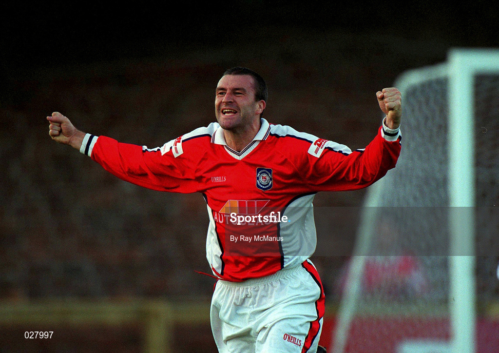 20 August 1999; Ian Gilzean of St Patrick's Athletic celebrates after scoring his side's first goal during the Eircom League Premier Division match between UCD and St Patrick's Athletic at Belfield Park in Dublin. Photo by Ray McManus/Sportsfile