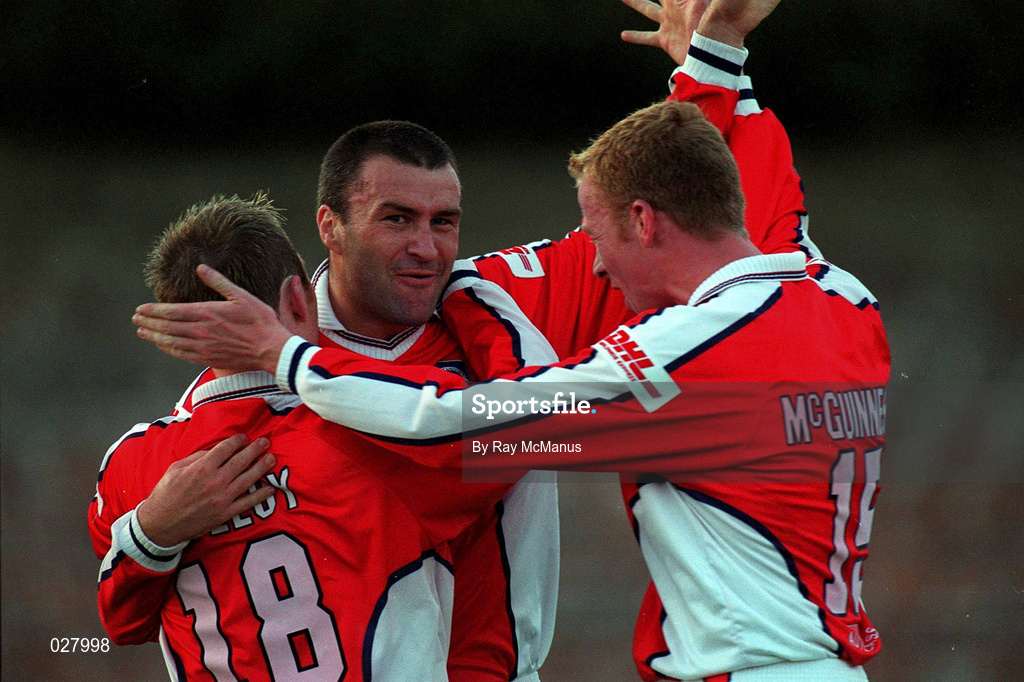 20 August 1999; Ian Gilzean celebrates St Patrick's Athletic team-mates Trevor Molloy, left, and Stephen McGuinness, right, after scoring his side's first goal during the Eircom League Premier Division match between UCD and St Patrick's Athletic at Belfield Park in Dublin. Photo by Ray McManus/Sportsfile
