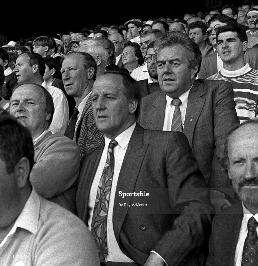 3 September 1989; Former Republic of Ireland manager Jack Charlton, accompanied by Maurice Setters and Joe Delaney, watch on during the All-Ireland Senior Hurling Championship Final between Tipperary and Antrim at Croke Park in Dublin. Photo by Ray McManus/Sportsfile