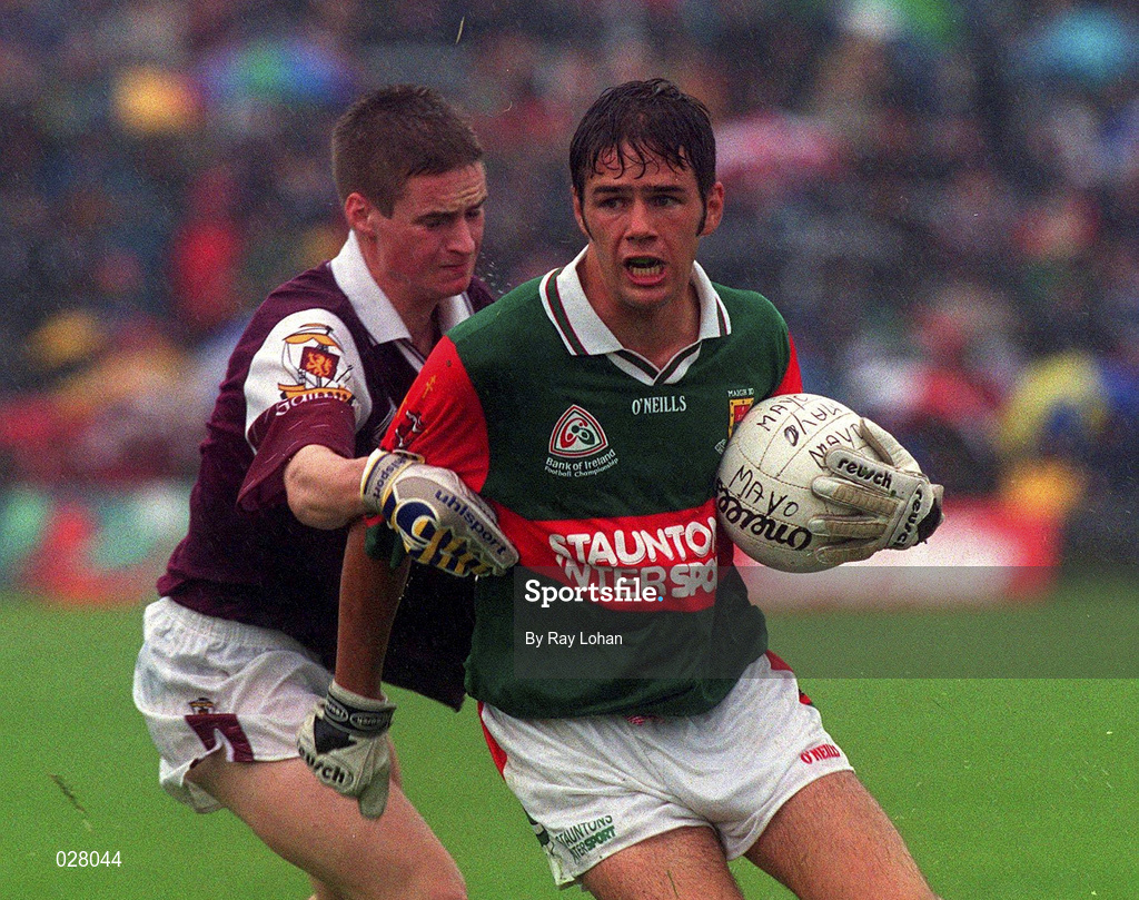 18 July 1999; James Gill of Mayo in action against Seamus Rabitte of Galway during the Connacht Minor Football Championship Final between Mayo and Galway at Tuam Stadium in Galway. Photo by Ray Lohan/Sportsfile