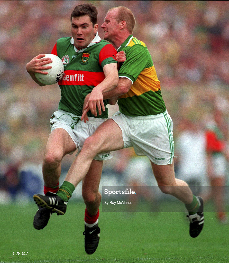 28 September 1997; James Horan of Mayo is tackled by Liam O'Flaherty of Kerry during the Bank of Ireland All-Ireland Senior Football Championship Final between Kerry and Mayo at Croke Park in Dublin. Photo by Ray McManus/Sportsfile