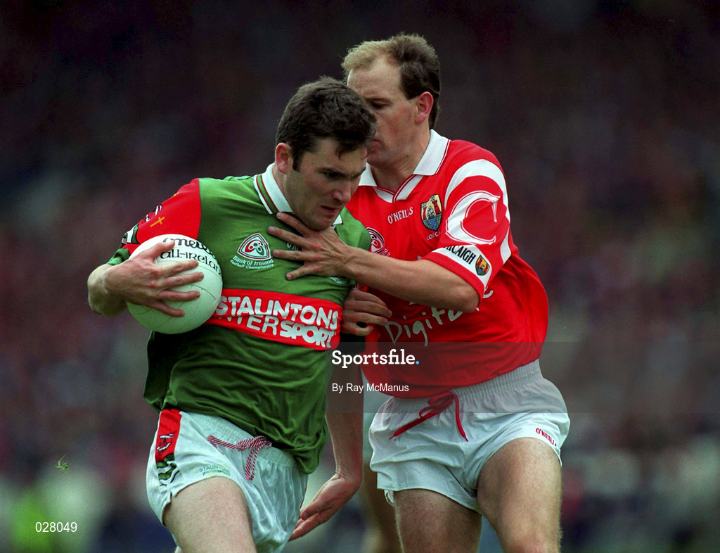 22 August 1999; James Horan of Mayo in action against Ronan McCarthy of Cork during the Bank of Ireland All-Ireland Senior Football Championship Semi-Final match between Cork and Mayo at Croke Park in Dublin. Photo by Ray McManus/Sportsfile