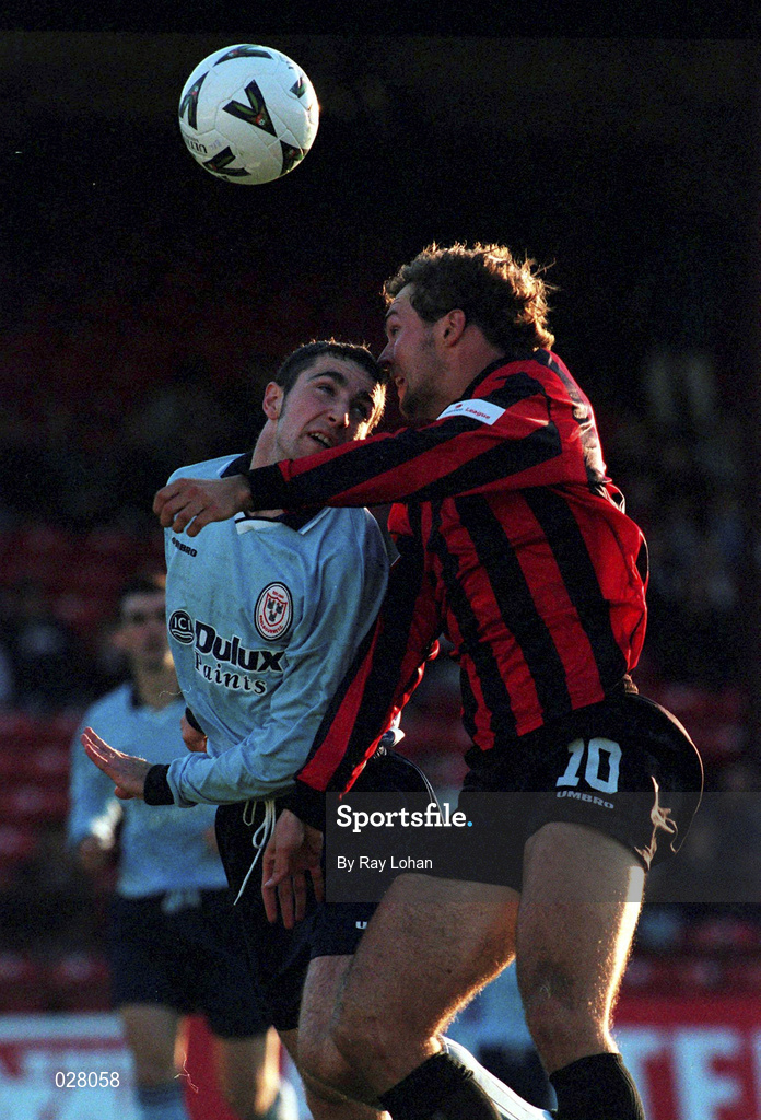 20 Aug 1999; Owen Heary of Shelbourne in action against Jamie Harris of Bohemians during the Eircom League Premier Division match between Bohemians and Shelbourne at Tolka Park in Dublin. Photo by David Maher/Sportsfile
