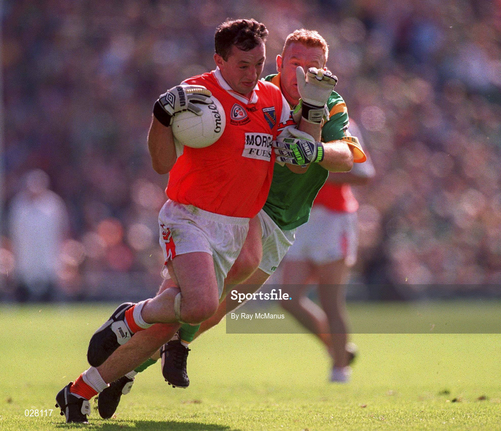 29 August 1999; John Donaldson of Armagh in action against Enda McManus of Meath during the Bank of Ireland All-Ireland Senior Football Championship Semi-Final match between Meath and Armagh at Croke Park in Dublin. Photo by Ray McManus/Sportsfile