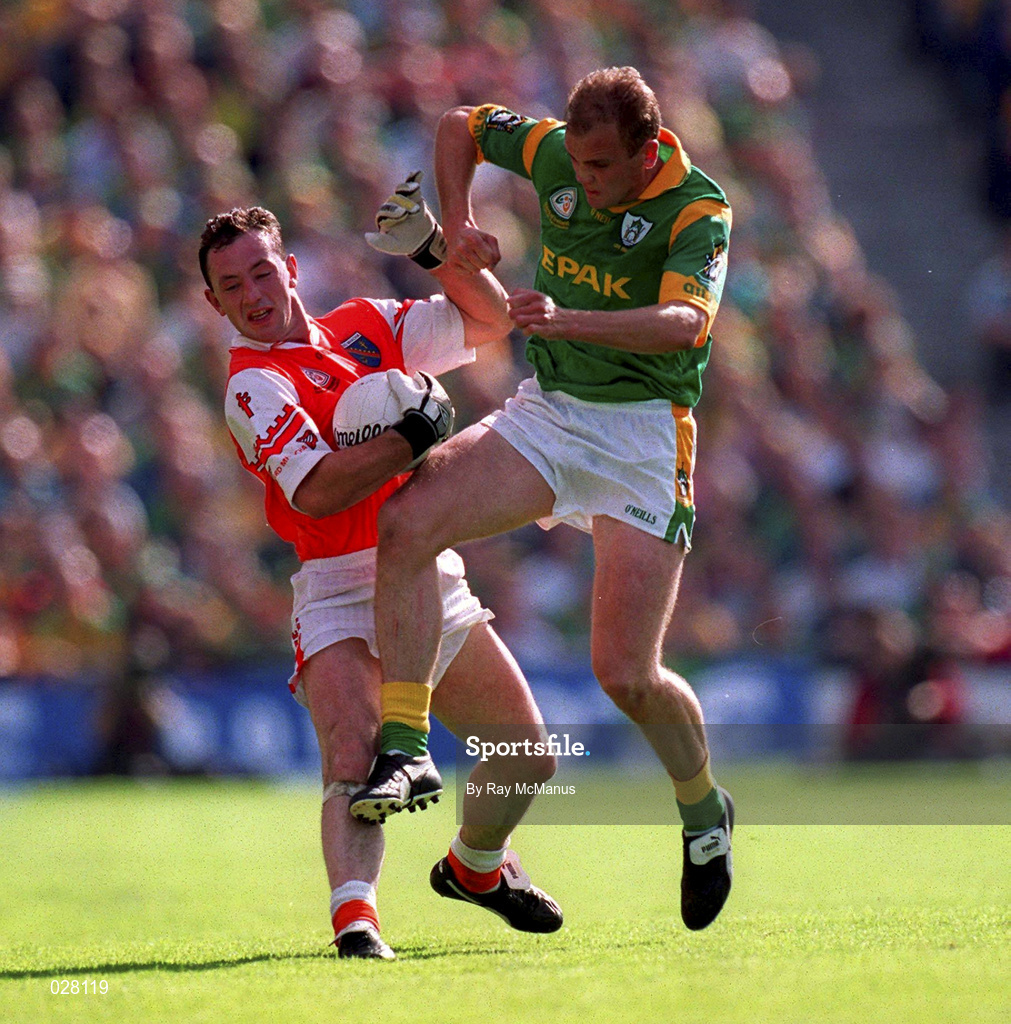 29 August 1999; John Donaldson of Armagh in action against John McDermott of Meath during the Bank of Ireland All-Ireland Senior Football Championship Semi-Final match between Meath and Armagh at Croke Park in Dublin. Photo by Ray McManus/Sportsfile