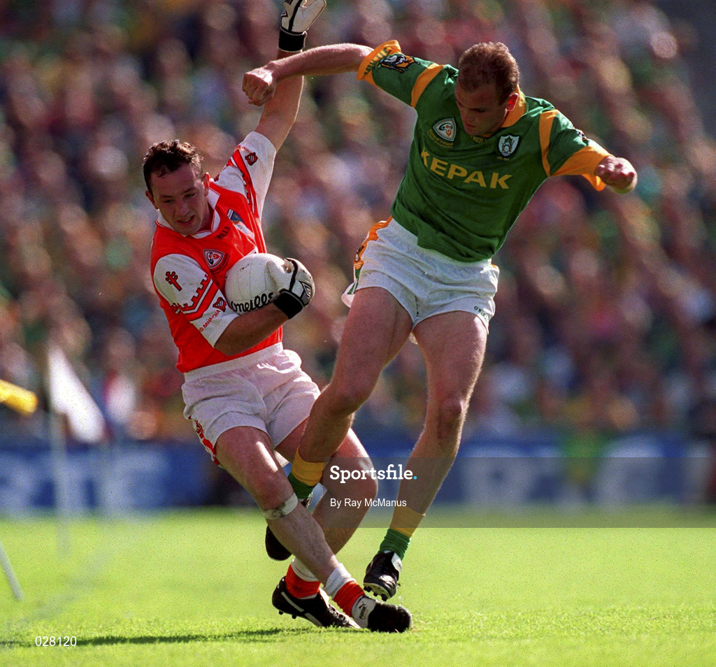 29 August 1999; John Donaldson of Armagh in action against John McDermott of Meath during the Bank of Ireland All-Ireland Senior Football Championship Semi-Final match between Meath and Armagh at Croke Park in Dublin. Photo by Ray McManus/Sportsfile