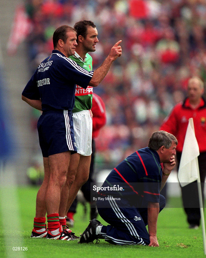 22 August 1999; Mayo manager John Maughan issues instructions to Liam McHale before his introduction, as a substitute, to the Bank of Ireland All-Ireland Senior Football Championship Semi-Final match between Cork and Mayo at Croke Park in Dublin. Photo by Ray McManus/Sportsfile