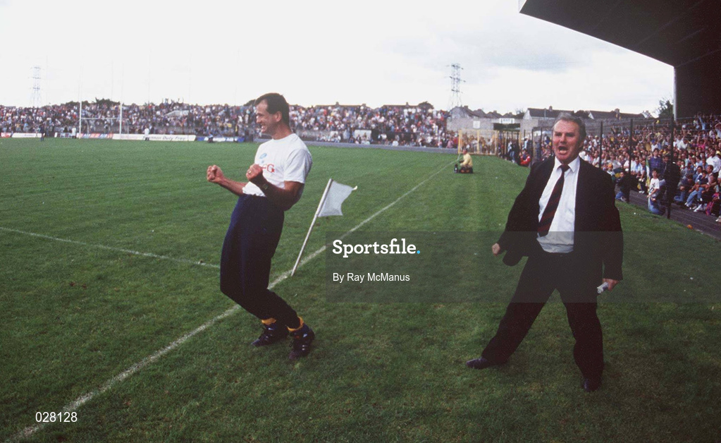 19 July 1992; Clare manager John Maughan celebrates his side's victory during the Munster Senior Football Championship Final between Clare and Kerry at the Gaelic Grounds in Limerick. Photo by Ray McManus/Sportsfile