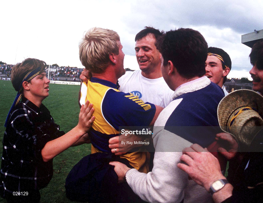 19 July 1992; Clare manager John Maughan celebrates with Seamus Clancy following their victory in the Munster Senior Football Championship Final between Clare and Kerry at the Gaelic Grounds in Limerick. Photo by Ray McManus/Sportsfile