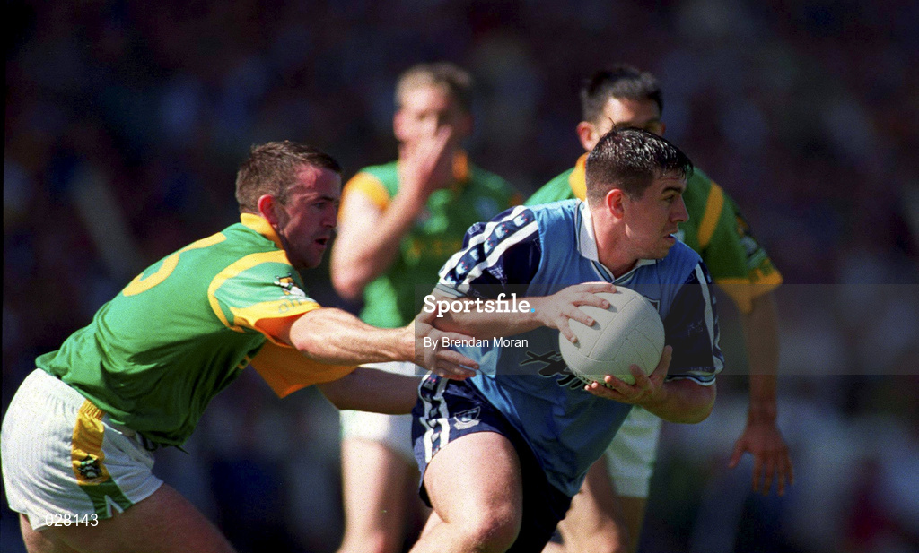 1 August 1999; Jonathan Magee of Dublin in action against,  Evan Kelly of Meath during the Bank of Ireland Leinster Senior Football Championship Final between Meath and Dublin at Croke Park in Dublin. Photo by Brendan Moran/Sportsfile