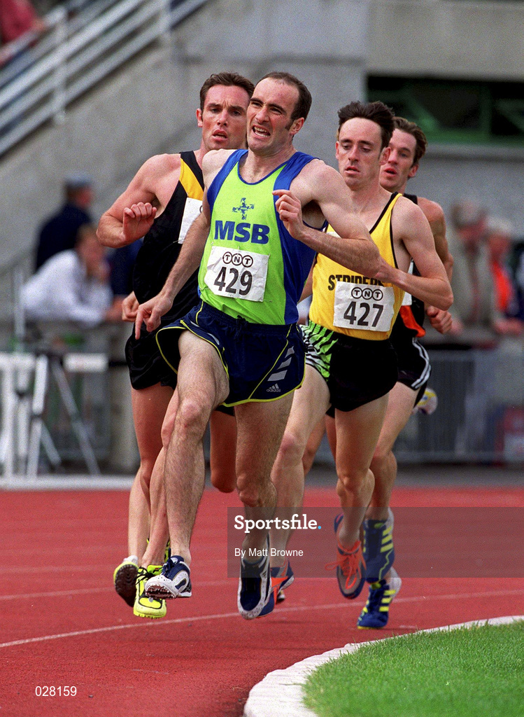 25 July 1999; Ken Nason of Metro/St Brigid's AC, 429, leads Brian Treacy of Annadale Striders AC, 427, and Niall Bruton of Clonliffe Harriers AC, left, during the men's 1500m event during day two of the TNT Irish National Senior Track & Field Championships at Santry Stadium in Dublin. Photo by Matt Browne/Sportsfile