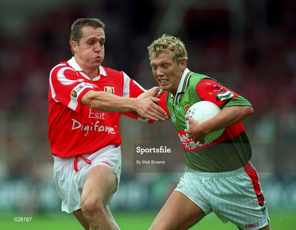 22 August 1999;  Ciaran McDonald of Mayo in action against Ciaran O'Sullivan of Cork during the Bank of Ireland All-Ireland Senior Football Championship Semi-Final match between Cork and Mayo at Croke Park in Dublin. Photo by Matt Browne/Sportsfile