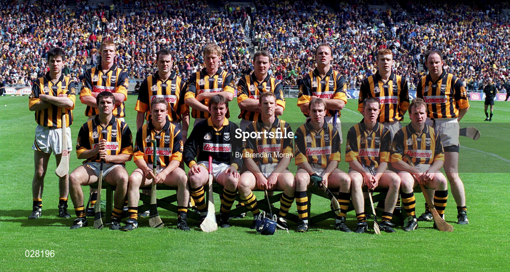 15 August 1999; The Kilkenny team, back row, from left, Philip Larkin, Henry Shefflin, Brian McEvoy, John Power, Canice Brennan, Andy Comerford, Peter Barry and Pat O'Neill, with, front row, from left, Ken O'Shea, Charlie Carter, James McGarry, Paddy Mullally, DJ Carey, Michael Kavanagh and Willie O'Connor prior to the Guinness All-Ireland Senior Hurling Championship Semi-Final match between Kilkenny and Clare at Croke Park in Dublin. Photo by Brendan Moran/Sportsfile