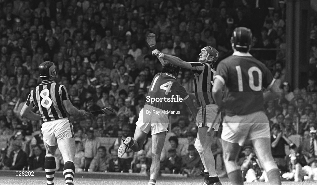 2 September 1983; Kilkenny's Brian Cody, 3, in action against Cork's Jimmy Barry Murphy, 14, as team-mates Frank Cummins, 8, and Bertie Og Murphy, 10, look on during the All-Ireland Senior Hurling Championship Final between Kilkenny and Cork at Croke Park in Dublin. Photo by Ray McManus/Sportsfile