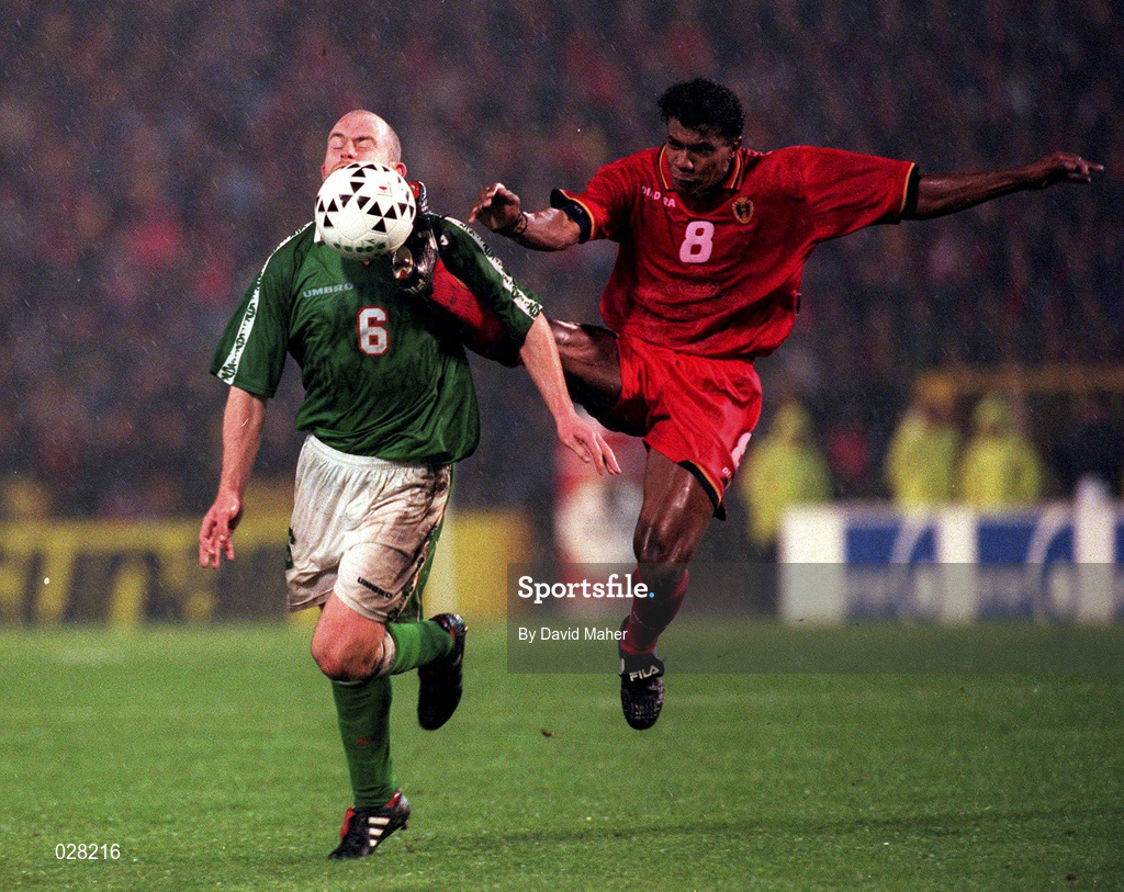 15 November 1997; Lee Carsley of Republic of Ireland in action against Luis Oliveira of Belgium during the FIFA World Cup Play-Off Second Leg match between Belgium and Republic of Ireland at Heysel Stadium in Brussels, Belgium. Photo by David Maher/Sportsfile