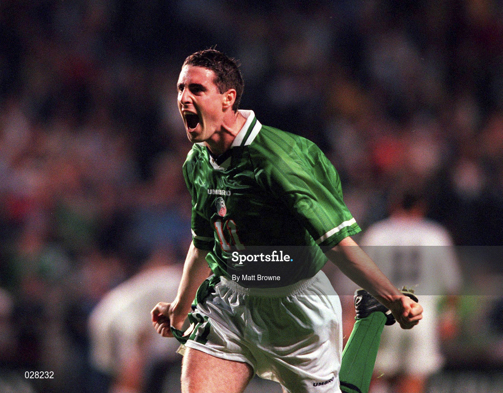 1 September 1999; Mark Kennedy of Republic of Ireland celebrates after scoring his side's second goal during the UEFA European Championships Qualifying Group 8 match between Republic of Ireland and Yugoslavia at Lansdowne Road in Dublin. Photo by Matt Browne/Sportsfile