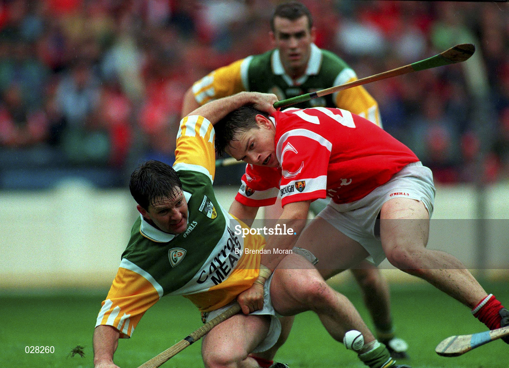 8 August 1999; Martin Hanamy of Offaly is tackled by Cork's Alan Browne during the Guinness All-Ireland Senior Hurling Championship Semi-Final match between Cork and Offaly at Croke Park in Dublin. Photo by Brendan Moran/Sportsfile