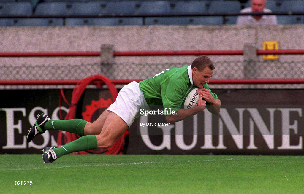 28 August 1999; Matt Mostyn of Ireland, goes over for his third try during the Rugby World Cup Warm-up match between Ireland and Argentina at Lansdowne Road in Dublin. Photo by David Maher/Sportsfile