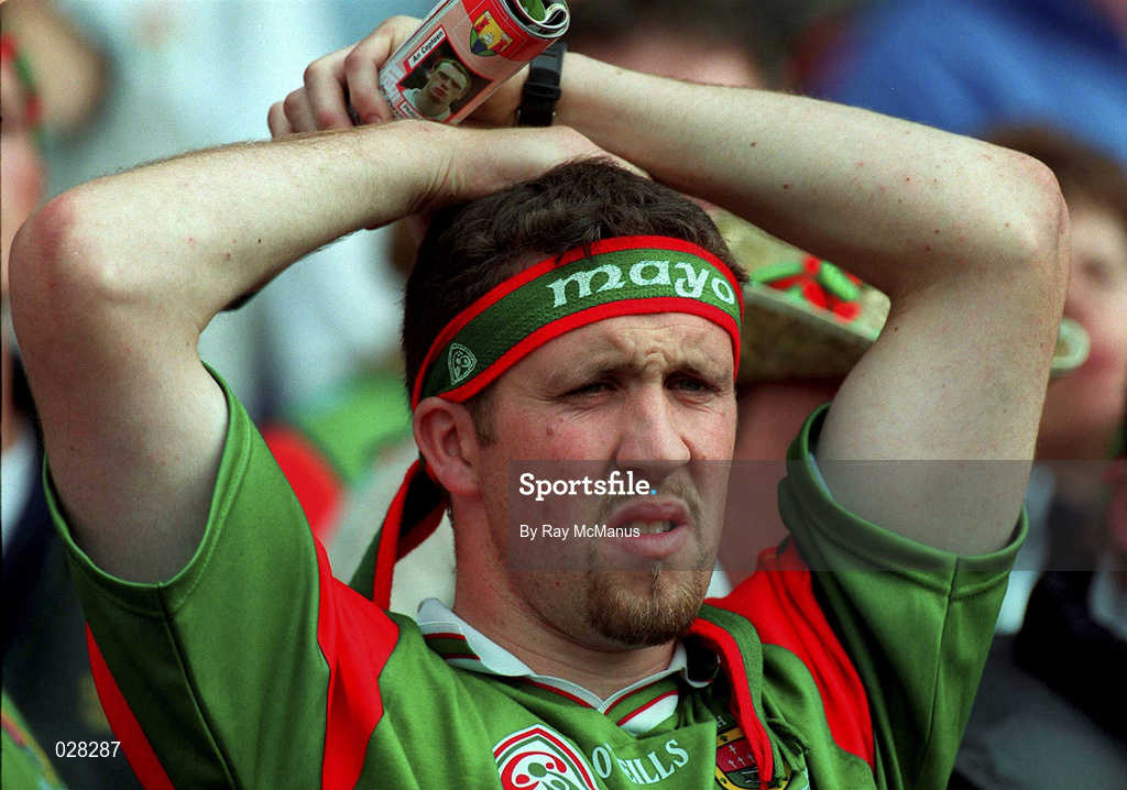22 August 1999; A dissappointed Mayo supporter watches the final stages of the Bank of Ireland All-Ireland Senior Football Championship Semi-Final match between Cork and Mayo at Croke Park in Dublin. Photo by Ray McManus/Sportsfile