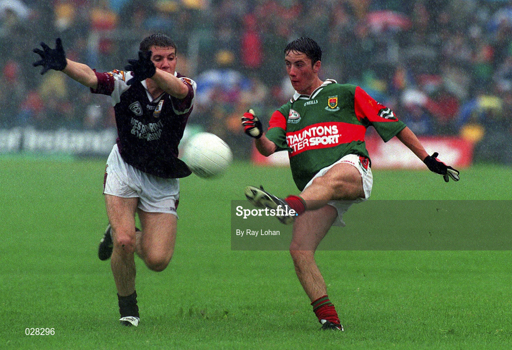 18 July 1999; Conor Moran of Mayo in action against Enda O'Connell of Galway during the Connacht Minor Football Championship Final between Mayo and Galway at Tuam Stadium in Galway. Photo by Ray Lohan/Sportsfile