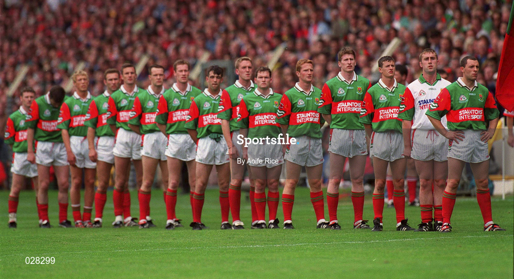 22 August 1999; The Mayo team stand for the National Anthem, Amhrán na bhFiann, prior to the Bank of Ireland All-Ireland Senior Football Championship Semi-Final match between Cork and Mayo at Croke Park in Dublin. Photo by Aoife Rice/Sportsfile