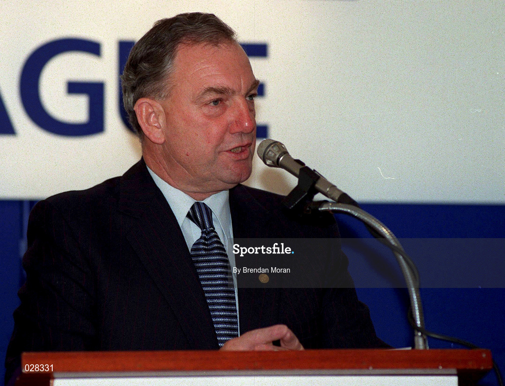 18 July 1996; Michael Hyland, FAI National League President, speaking at an announcement, in Dublin, of Harp Larger as sponsors of the FAI National League. Photo by Brendan Moran/Sportsfile