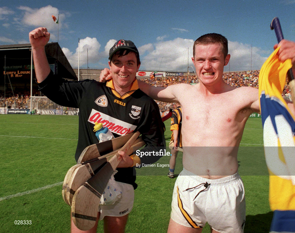 15 August 1999; Kilkenny goalkeeper James McGarry and Michael Kavanagh celebrate following the Guinness All-Ireland Senior Hurling Championship Semi-Final match between Kilkenny and Clare at Croke Park in Dublin. Photo by Damien Eagers/Sportsfile