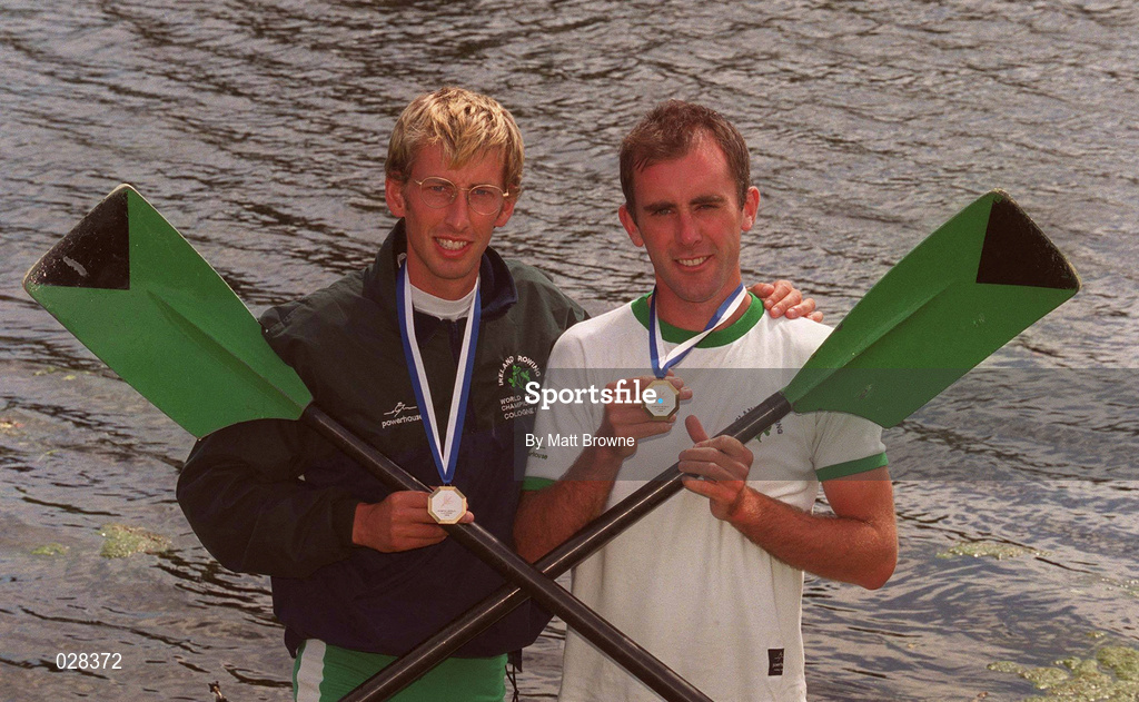 14 July 1999; Rowers Neville Maxwell, left, and Tony O'Connor pose with their Lightweight Pair gold medals from the recent World Rowing Cup III in Lucerne, at the Neptune Rowing Club in Dublin. Photo by Matt Browne/Sportsfile