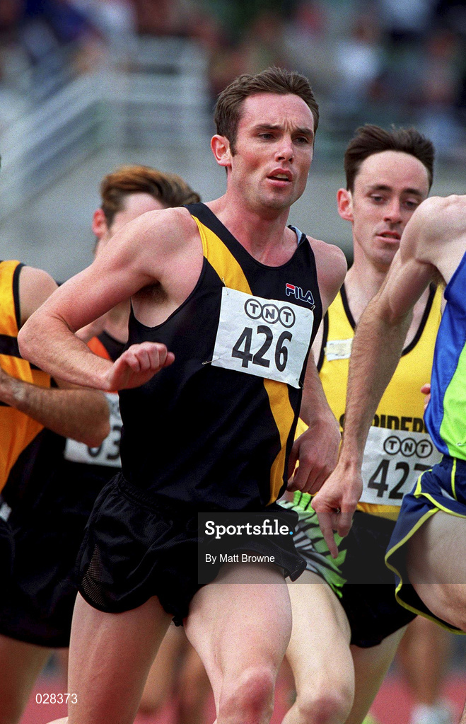 25 July 1999; Niall Bruton of Clonliffe Harriers AC on his way to finishing second in the men's 1500m event during day two of the TNT Irish National Senior Track & Field Championships at Santry Stadium in Dublin. Photo by Matt Browne/Sportsfile